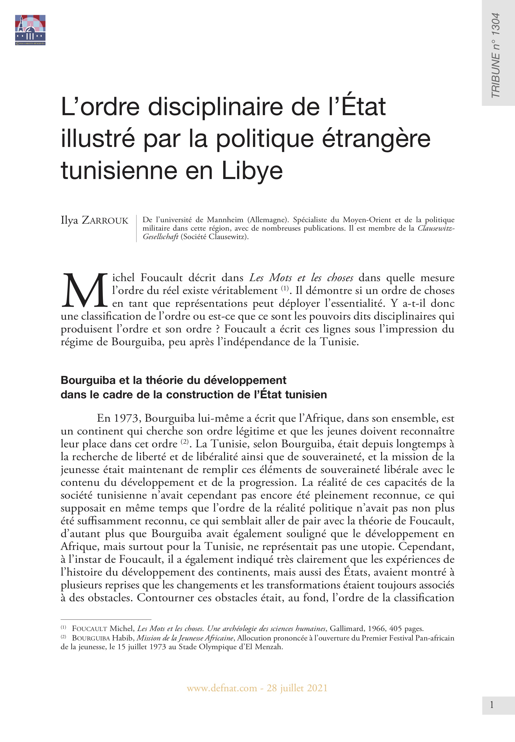 L’ordre disciplinaire de l’État illustré par la politique étrangère tunisienne en Libye (T 1304)
